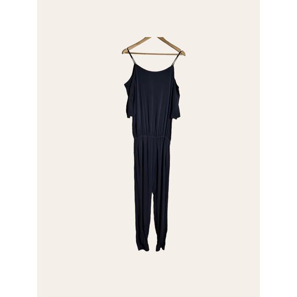 Monrow Revolve Black Cold Shoulder Rayon Sporty Casual Jumpsuit Size Small - Picture 2 of 9